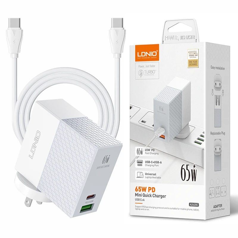 شاحن حائط إل دي إن آي أو 65 واط بمنفذي USB-C وUSB-A